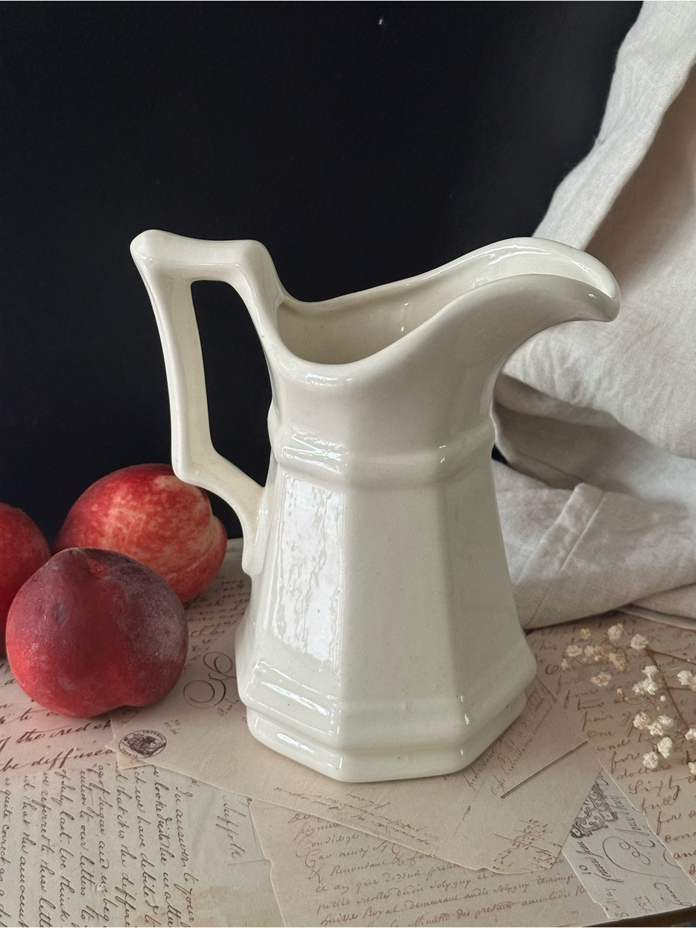 Octagonal Paneled Pitcher Ironstone Style Ceramic 7” Farmhouse, Glossy Painted